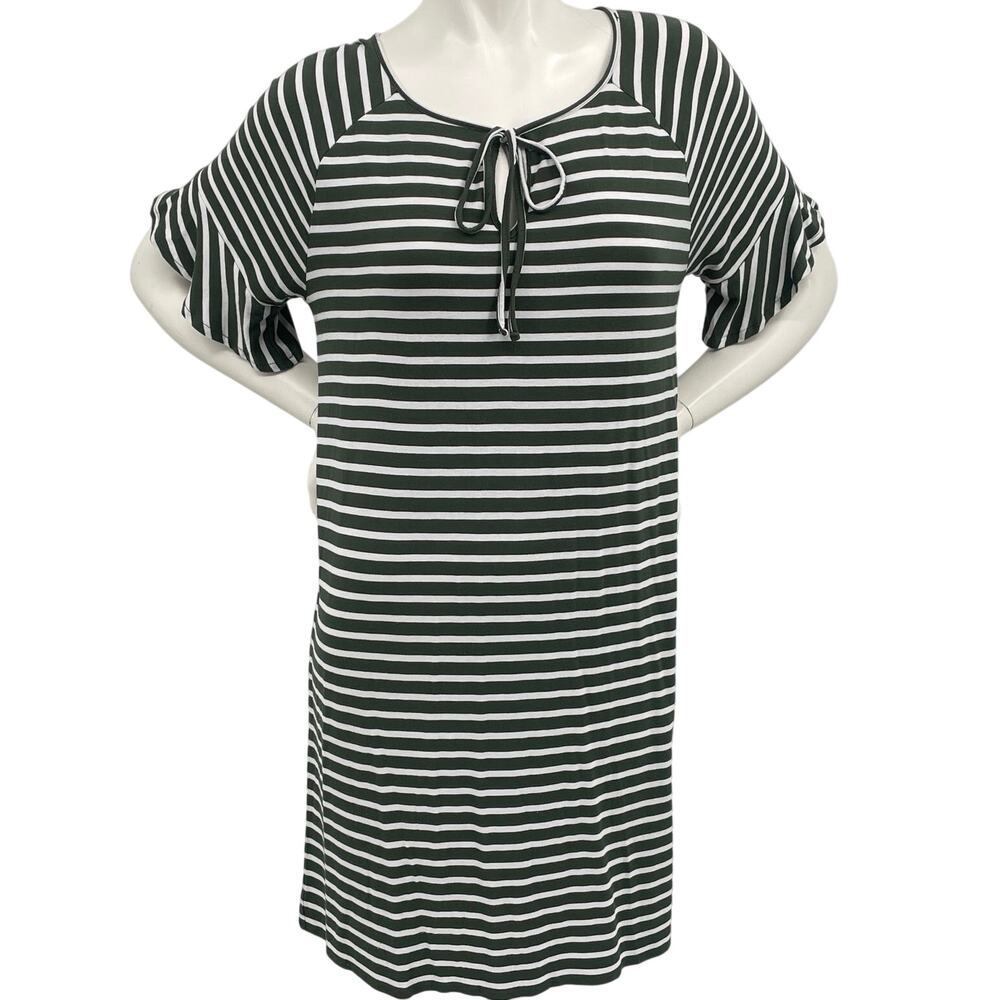 St Johns Bay Womens Olive Green White Striped Flutter SS Keyhole TShirt Dress Lg